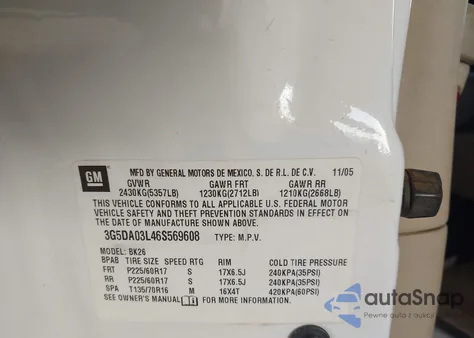 2006 Buick Rendezvous Cx z USA, uszkodzony, nr VIN 3G5DA03L46S569608